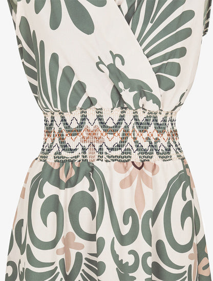 Robe élastiquée à imprimé ikat - Kaki - 3