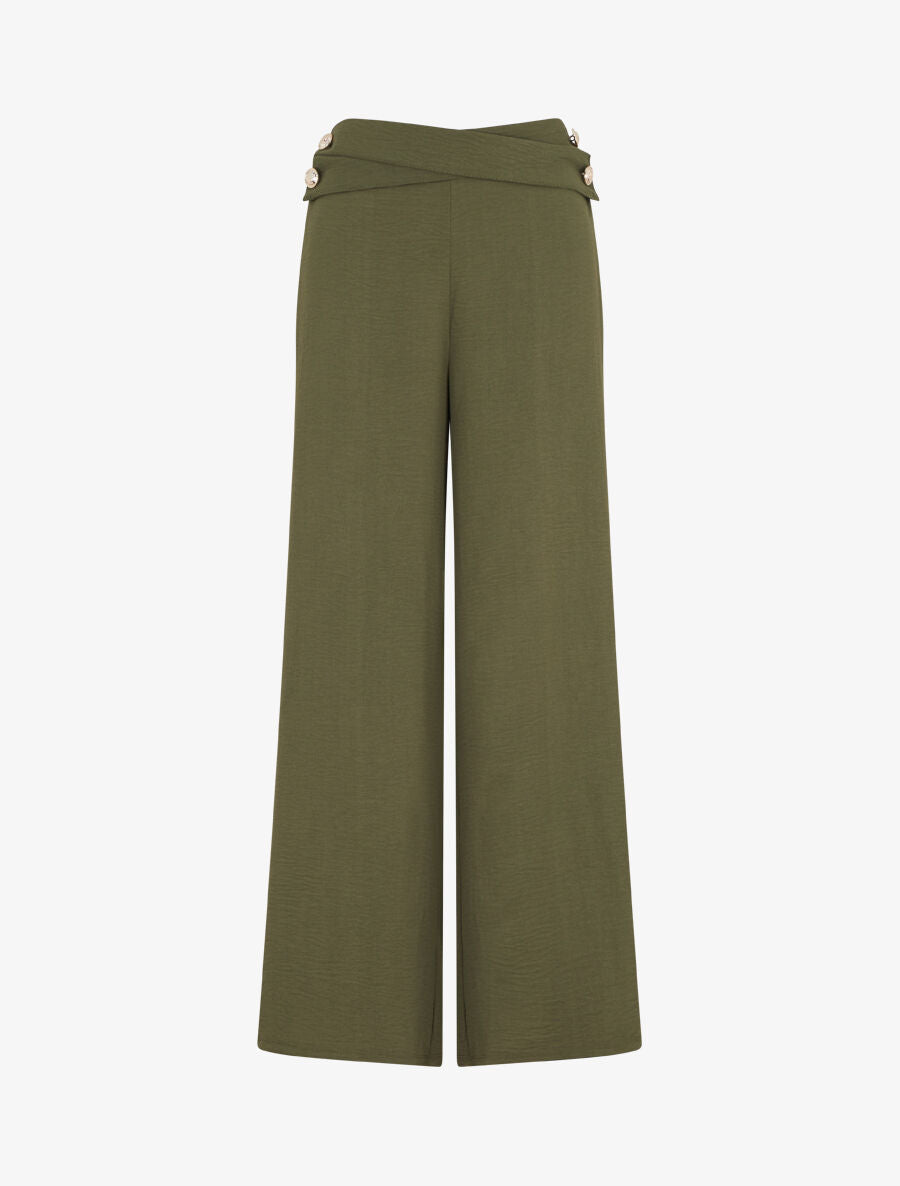 Pantalon ample taille haute à boutons - Kaki - 1