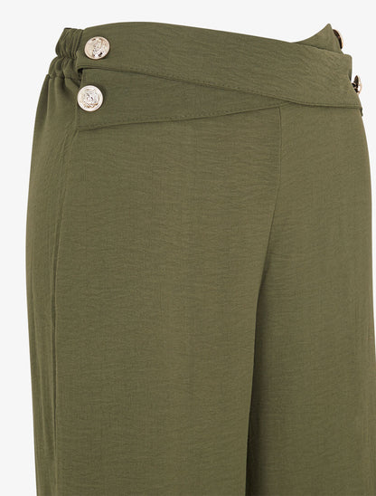 Pantalon ample taille haute à boutons - Kaki - 3