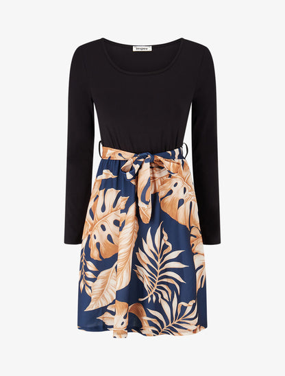 Robe patineuse à jupe imprimé tropical - Marine - 1