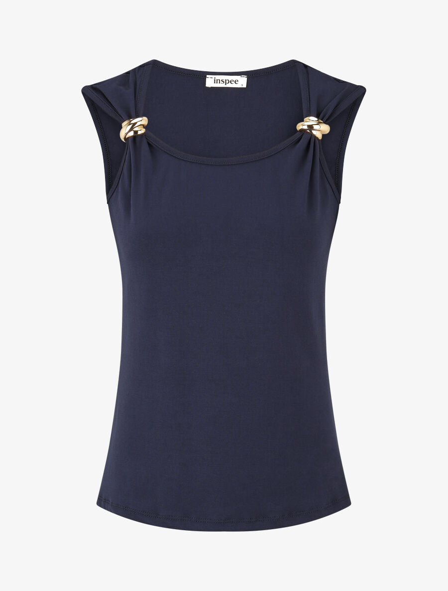Débardeur droit à bretelles bijou - Marine - 1