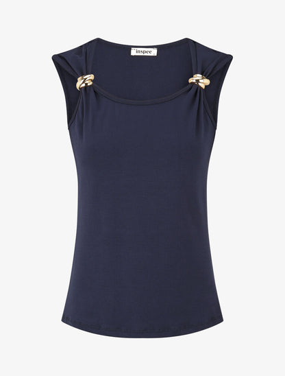 Débardeur droit à bretelles bijou - Marine - 1