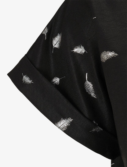 Top imprimé plumes irisées à détail ajouré et pierres - Noir - 3