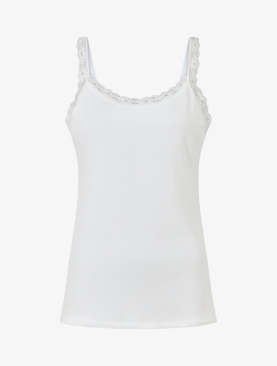 Débardeur côtelé à bretelles en dentelle - Blanc - 1