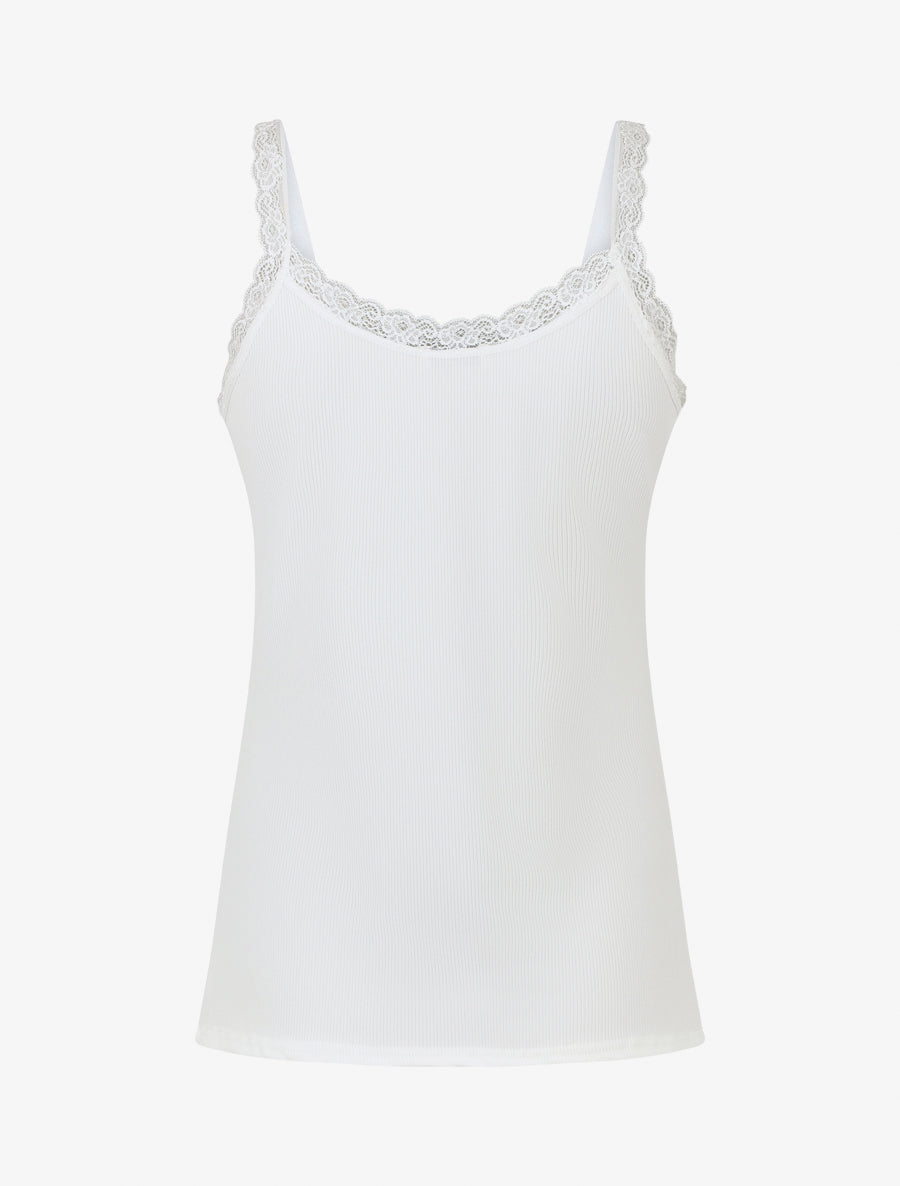 Débardeur côtelé à bretelles en dentelle - Blanc - 2