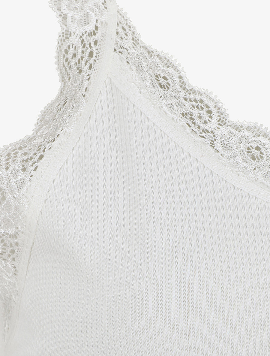 Débardeur côtelé à bretelles en dentelle - Blanc - 3