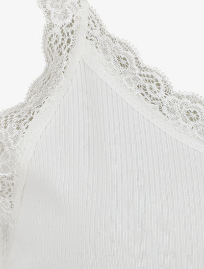 Débardeur côtelé à bretelles en dentelle - Blanc - 3