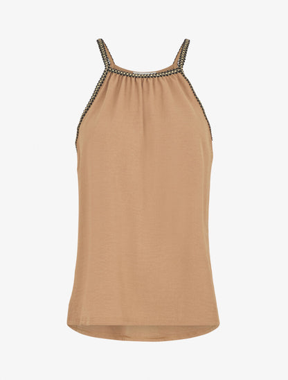 Top uni sans manches à détail brodé irisé - Camel - 4