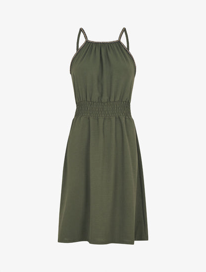 Robe unie sans manches à taille élastiquée - Kaki - 4