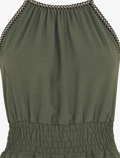 Robe unie sans manches à taille élastiquée - Kaki - 3