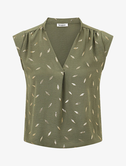 Top sans manches motif plumes dorées - Kaki - 1