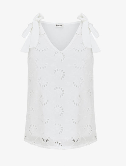 Débardeur droit en broderie anglaise à noeuds - Blanc - 1