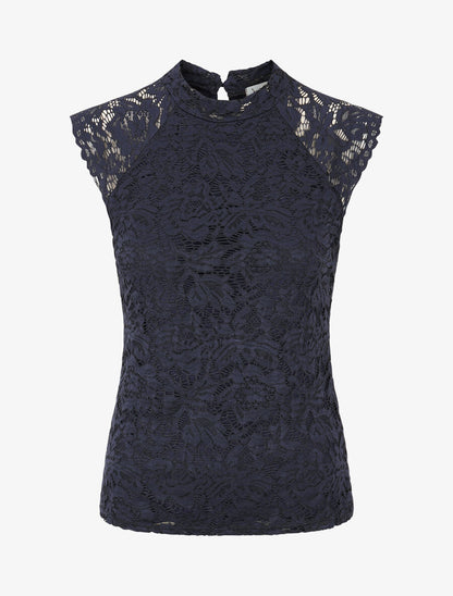 Top ajusté en dentelle col montant - Marine - 1