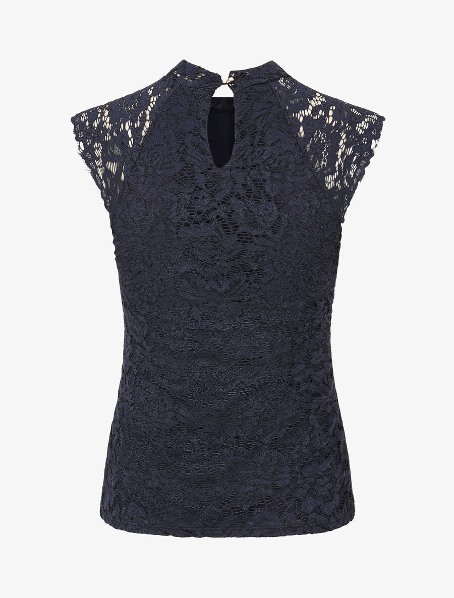 Top ajusté en dentelle col montant - Marine - 2