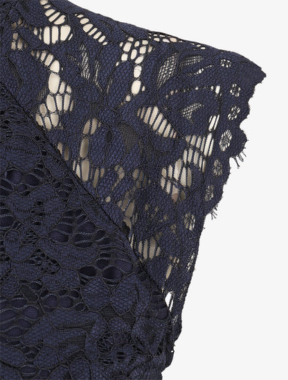 Top ajusté en dentelle col montant - Marine - 3