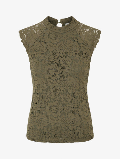 Top ajusté en dentelle col montant - Kaki - 1