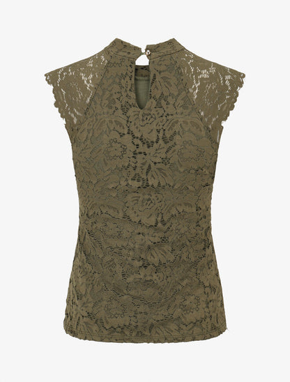 Top ajusté en dentelle col montant - Kaki - 2