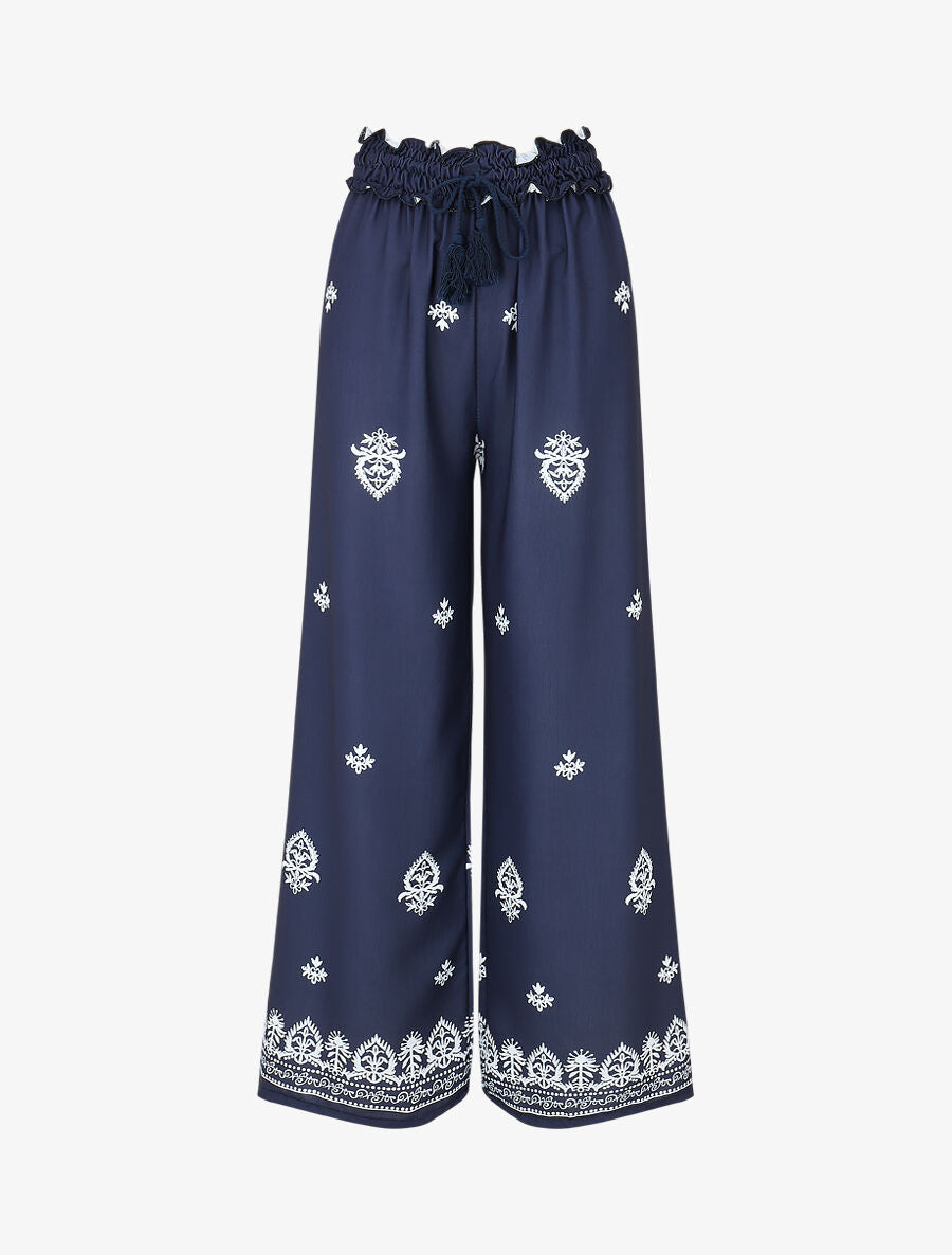 Pantalon élastiqué à imprimé fantaisie et mosaïque - Marine - 4