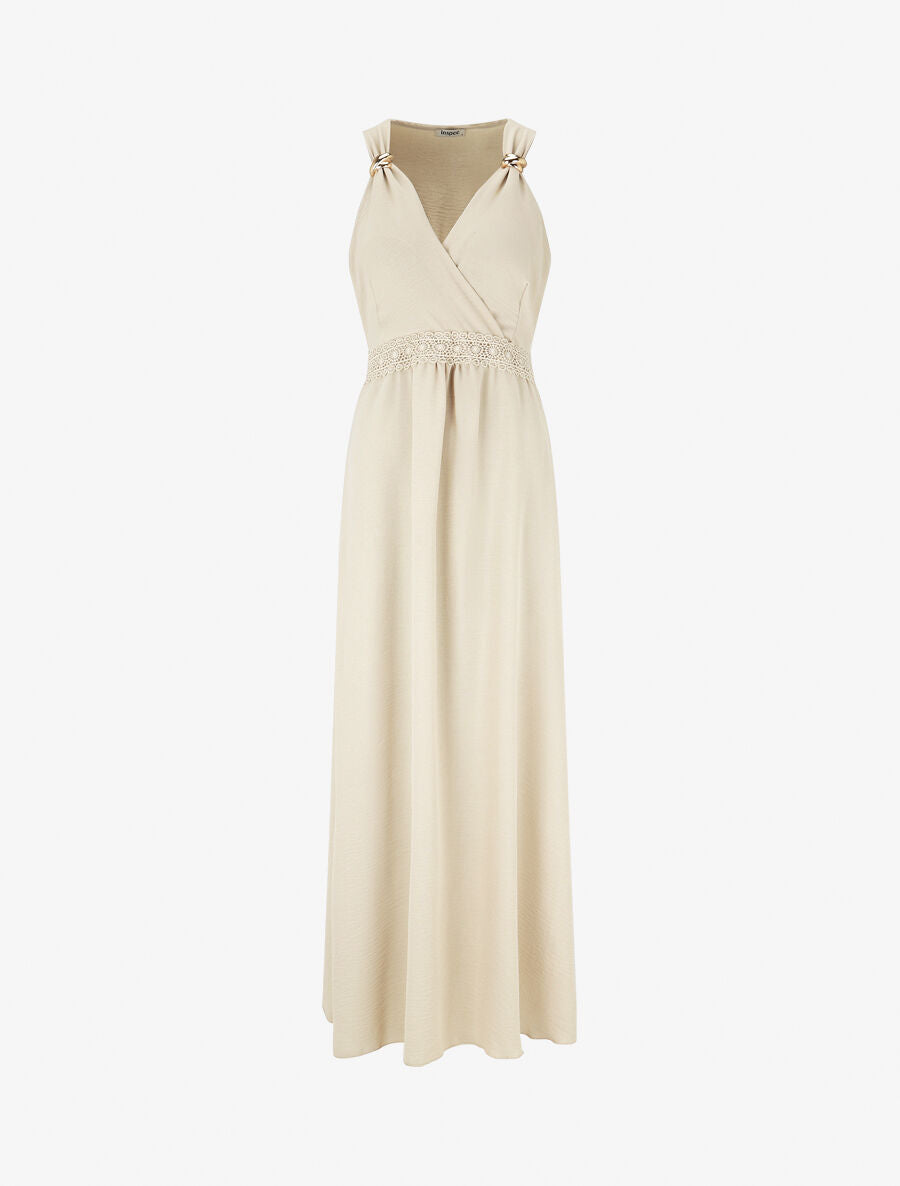 Robe longue fluide à bretelles bijoux - Beige - 4