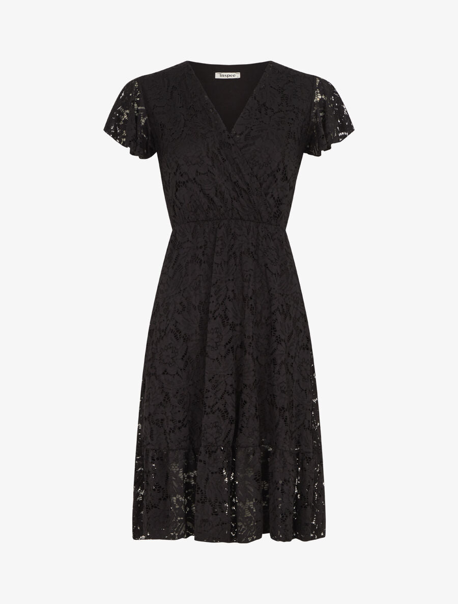 Robe mi-longue en dentelle - Noir - 4