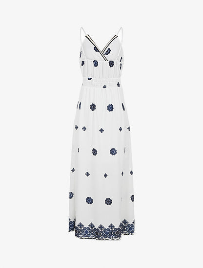 Robe longue fines bretelles et motif floral - Blanc - 2