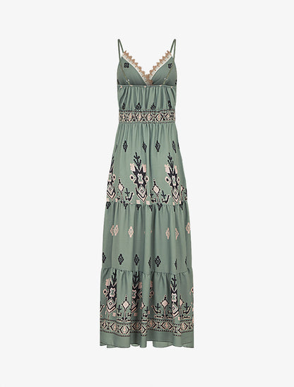 Robe longue à taille élastiquée imprimé ikat - Kaki - 2