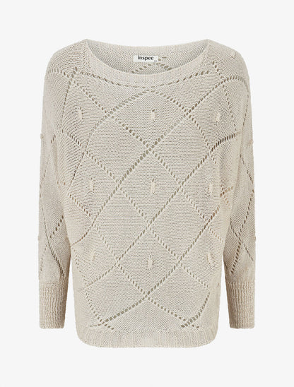 Pull en maille ajourée à motif quadrillé - Beige - 1