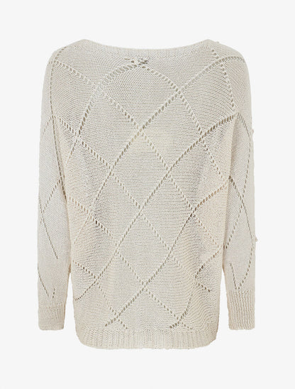 Pull en maille ajourée à motif quadrillé - Beige - 2
