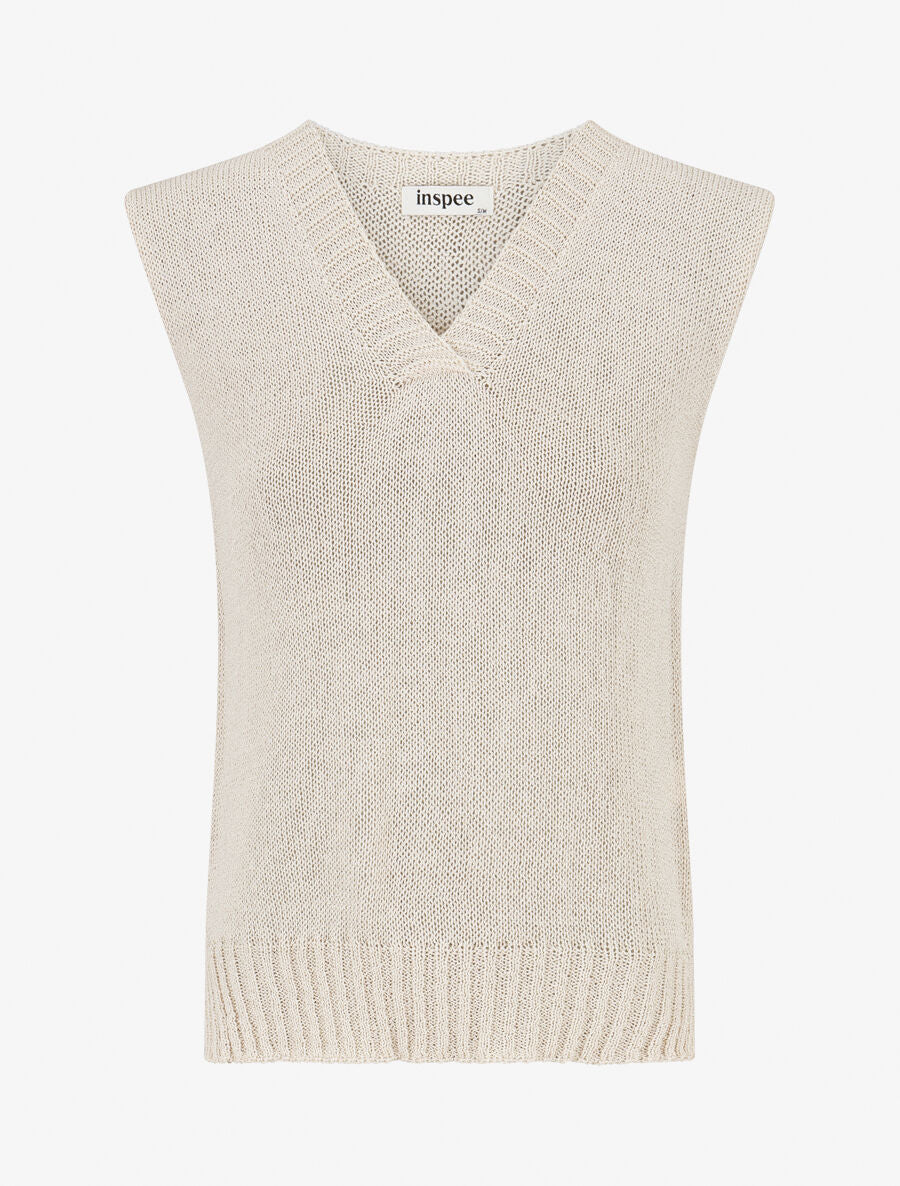 Top en maille à col V - Beige - 1