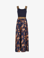 Robe longue à bretelles imprimé feuilles - Marine - 1