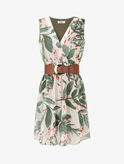 Robe courte sans manches imprimé feuilles irisé - Kaki - 1