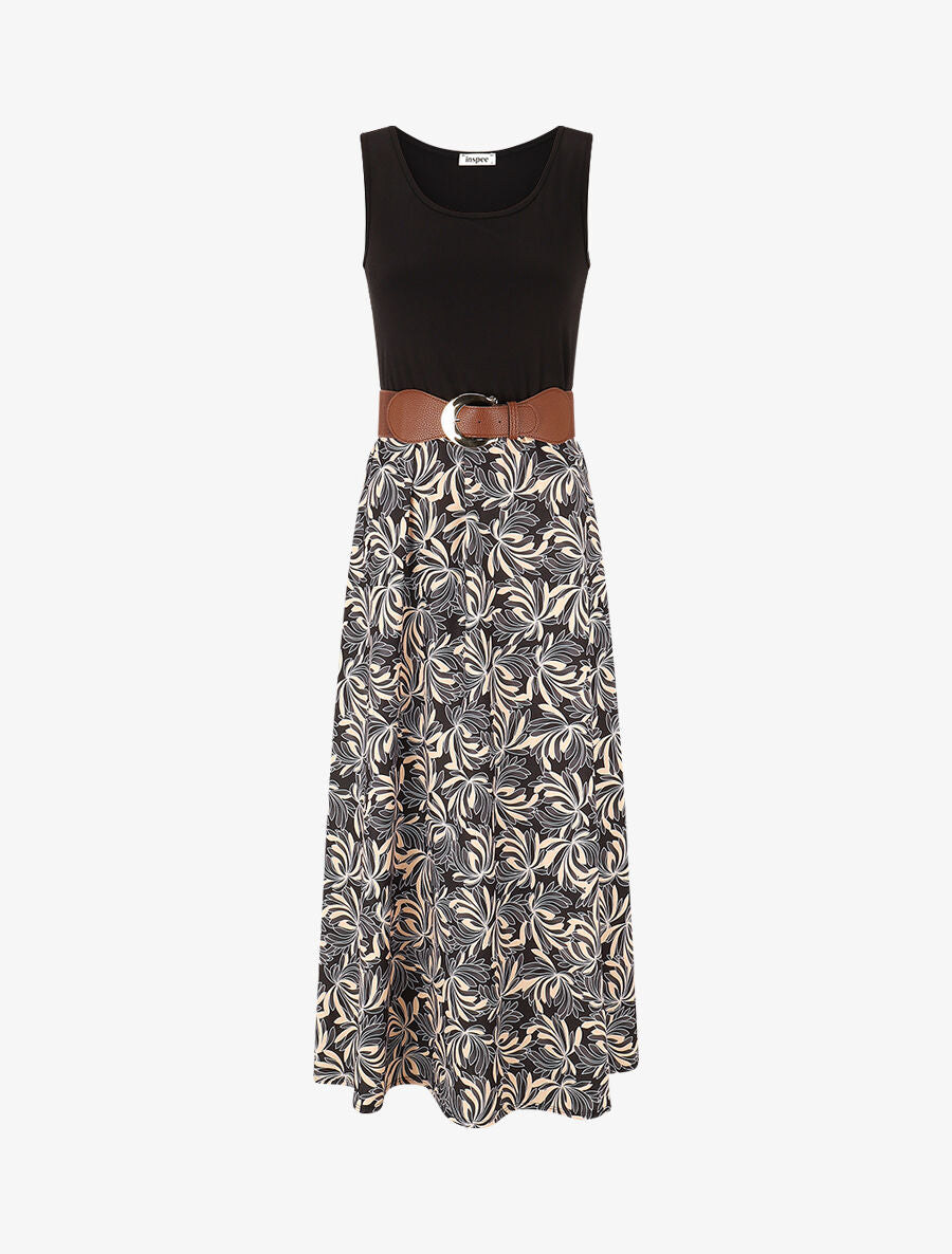 Robe bicolore imprimé floral - Noir - 1