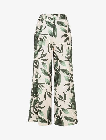 Pantalon imprimé feuillage à taille élastiquée - Kaki - 2