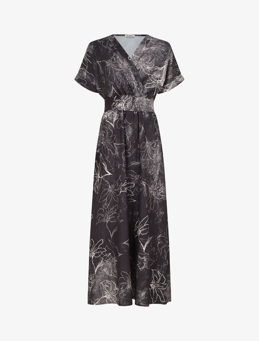 Robe longue manches courtes imprimé végétal - Noir - 4