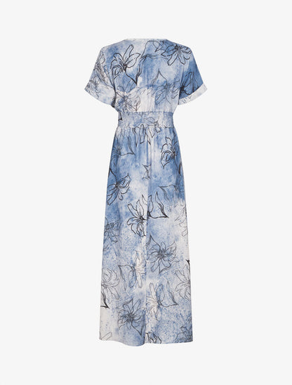 Robe longue manches courtes imprimé végétal - Bleu - 2