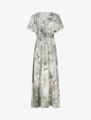 Robe longue manches courtes imprimé végétal - Vert gris - 1