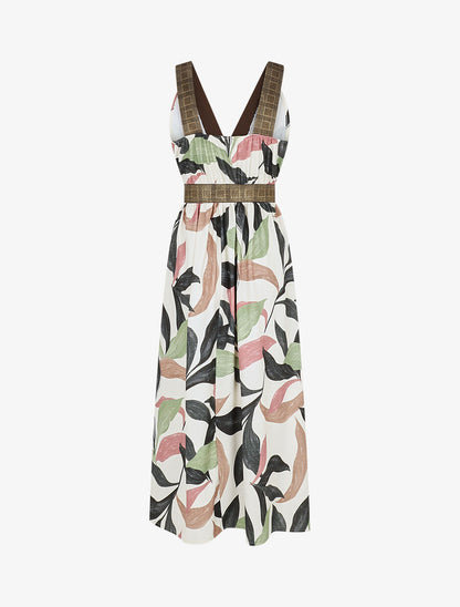 Robe longue à détail irisées et imprimé feuilles - Noir - 2