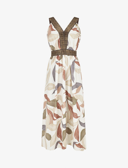 Robe longue à détail irisées et imprimé feuilles - Beige - 1