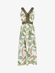 Robe longue à détail irisées et imprimé feuilles - Kaki - 4