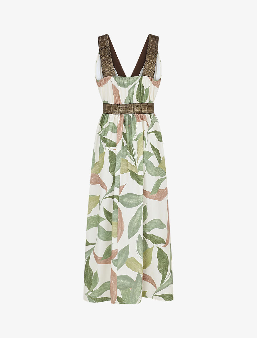 Robe longue à détail irisées et imprimé feuilles - Kaki - 2