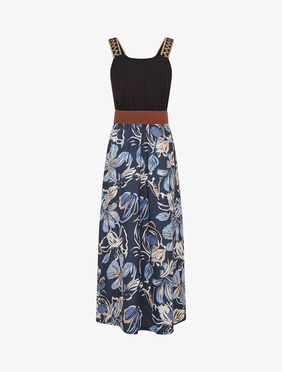 Robe longue à bretelles brodées imprimé floral - Marine - 2