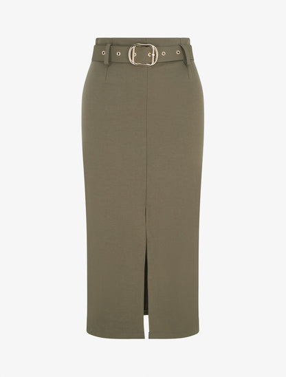 Jupe droite mi-longue unie - Kaki - 1