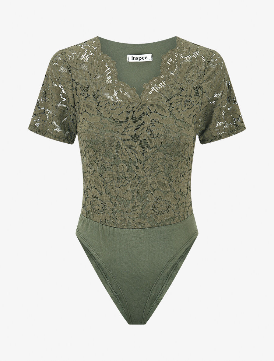 Body en dentelle manches courtes - Kaki - 1