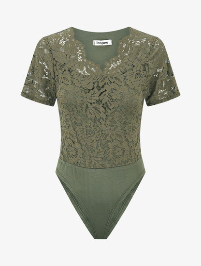Body en dentelle manches courtes - Kaki - 1