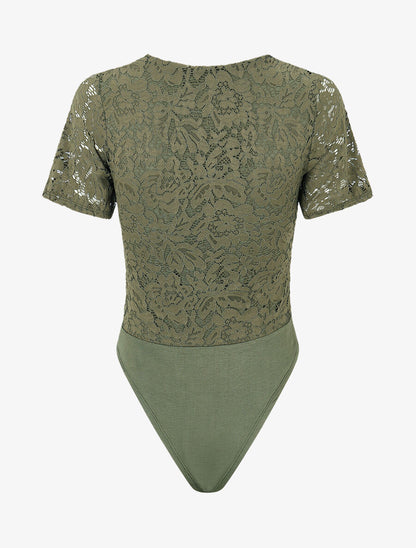 Body en dentelle manches courtes - Kaki - 2