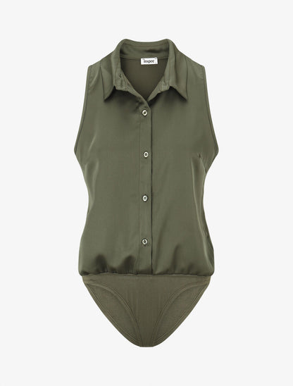 Body satiné style chemise sans manches - Kaki - 1