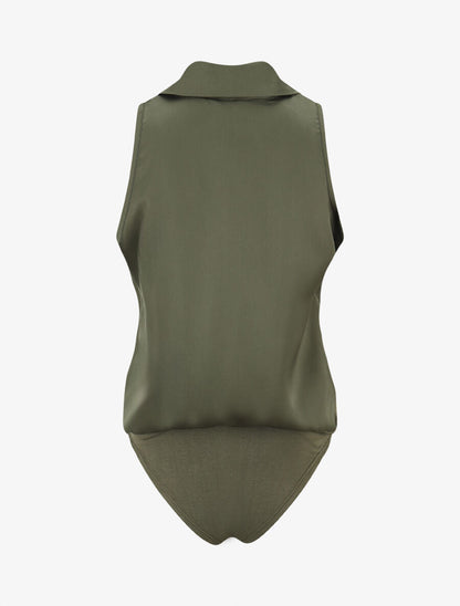 Body satiné style chemise sans manches - Kaki - 2