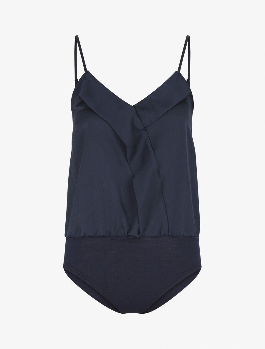 Body satiné à col V et fines bretelles - Marine - 4