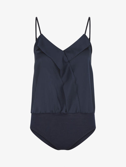 Body satiné à col V et fines bretelles - Marine - 4