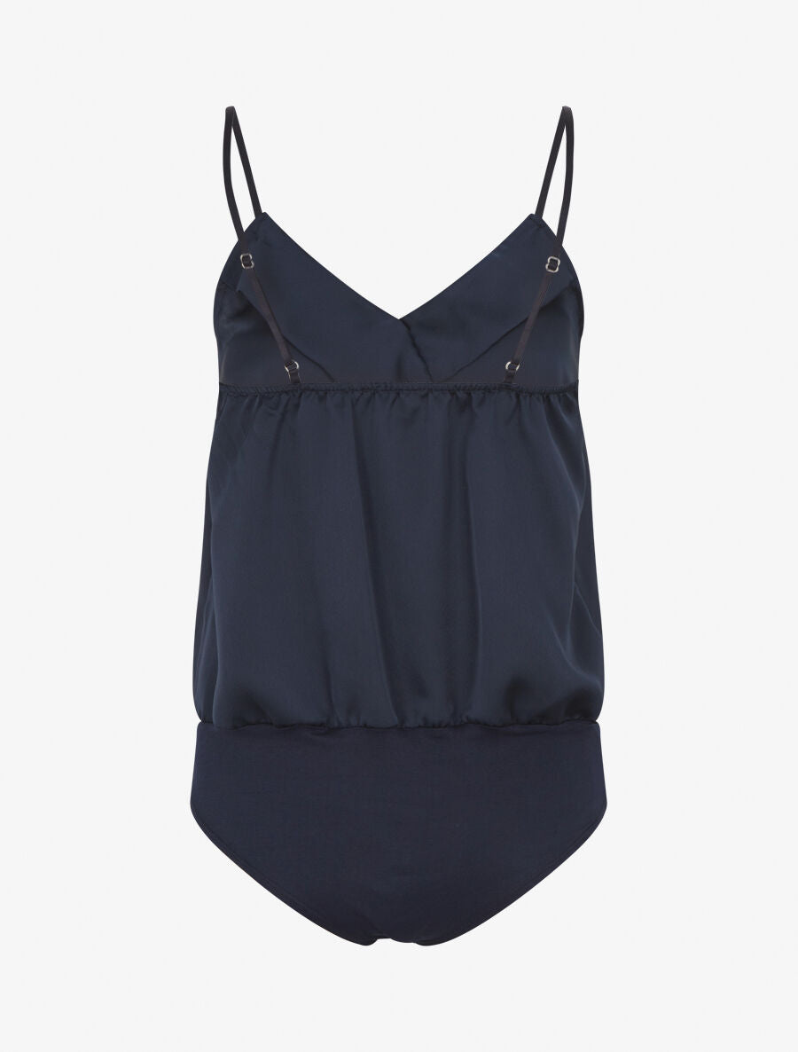 Body satiné à col V et fines bretelles - Marine - 2